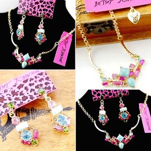 Gold pink Blue crystal turquoise stone necklace earrings set